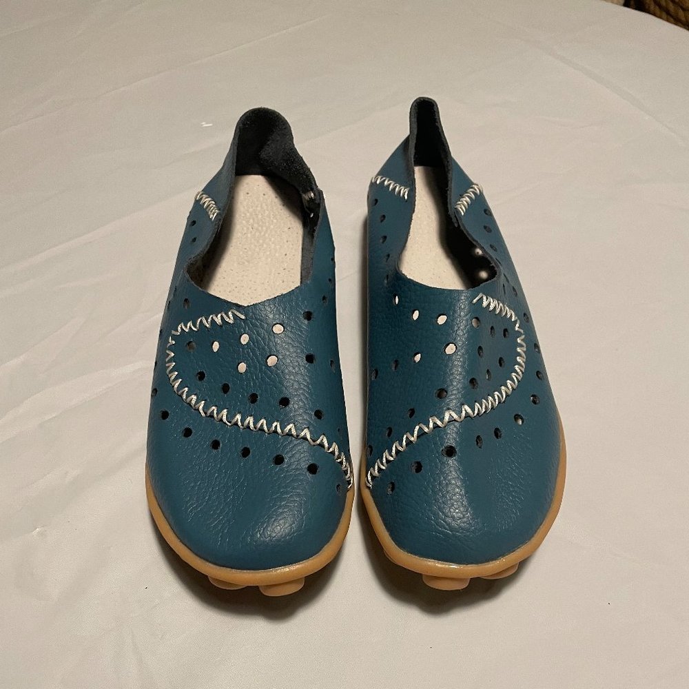 Blue Leather Crocs with White Stitching